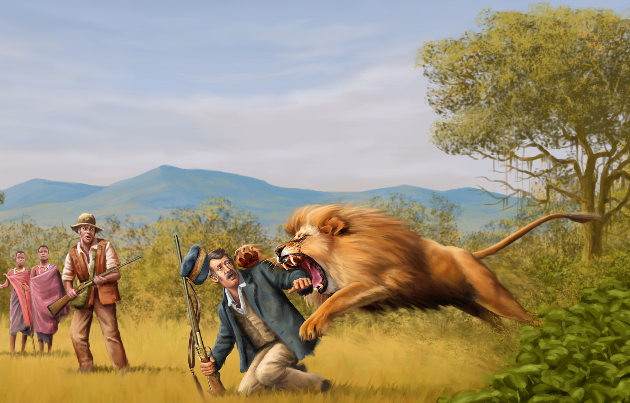 peter-bull-logo-lion-attacking-hunter